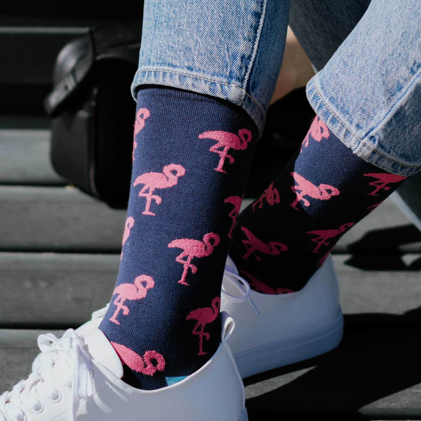 Flamingo Navy Natural Bamboo Knit Socks